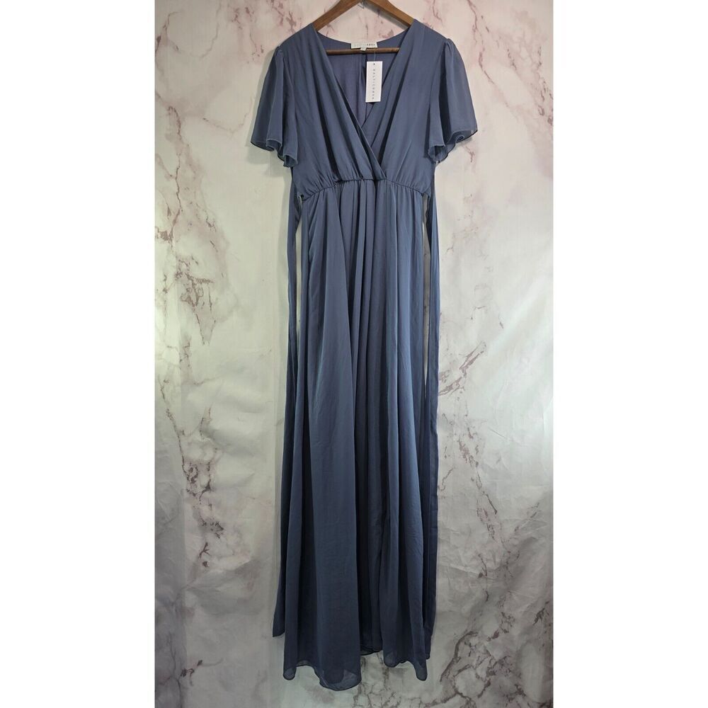 Baltic Born Dress Womens Large Blue Gray Maxi Slit Vaughnie Blouson